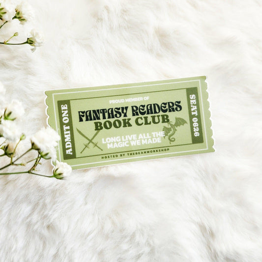 Fantasy Readers Book Club Ticket Sticker - The Bean Workshop - book club gift, book lover gift, book trope, Bookish Accessories, Bookish Gift, bookish sticker, die cut sticker, dragon sticker, fantasy reader, Fantasy Readers Book Club, fantasy romance sticker, kindle sticker, reading sticker, sticker