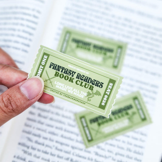 Fantasy Readers Book Club Ticket Sticker - The Bean Workshop - book club gift, book lover gift, book trope, Bookish Accessories, Bookish Gift, bookish sticker, die cut sticker, dragon sticker, fantasy reader, Fantasy Readers Book Club, fantasy romance sticker, kindle sticker, reading sticker, sticker