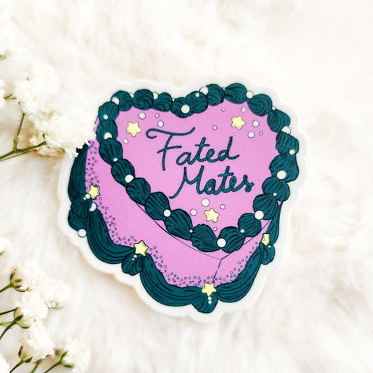 Fated Mates Book Trope Retro Cake Sticker - The Bean Workshop - book lover gift, book trope, book trope sticker, Bookish Accessories, Bookish Gift, bookish sticker, celestial sticker, die cut sticker, fantasy romance sticker, fated mates, kindle sticker, reading sticker, retro cake sticker, romance reader, sticker