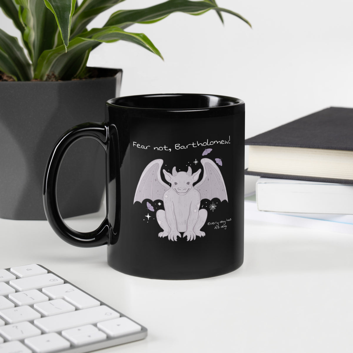 Fear Not Bartholomew Black Glossy Mug - The Bean Workshop - Bartholomew Winged Creature Illustration, Black Glossy Mug, Bookish Mug for Shepherd King Readers, Cozy Bookish Style, Fandom Drinkware, Fantasy Quote Mug, Fear Not Bartholomew Black Glossy Mug Fan Gift, Gift for Book Lovers, Lavender Grey on Black Design, Rachel Gillig, Reader Morning Mug, The Knight and the Moth, Whimsical Fantasy Aesthetic