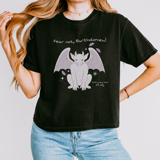 Fear Not Bartholomew Boxy Tee - The Bean Workshop - Bartholomew Winged Creature Print, Boxy Tee, Casual Bookish Fashion, Cute Character Illustration, Fandom Boxy T-Shirt, Fear Not Bartholomew Boxy Tee Shepherd King Fan, Gift for Fantasy Readers, Lavender Grey Design, Oversized Bookish T-Shirt for Fantasy Readers, Oversized Fandom Tee, Rachel Gillig, The Knight and the Moth, Whimsical Fantasy Aesthetic