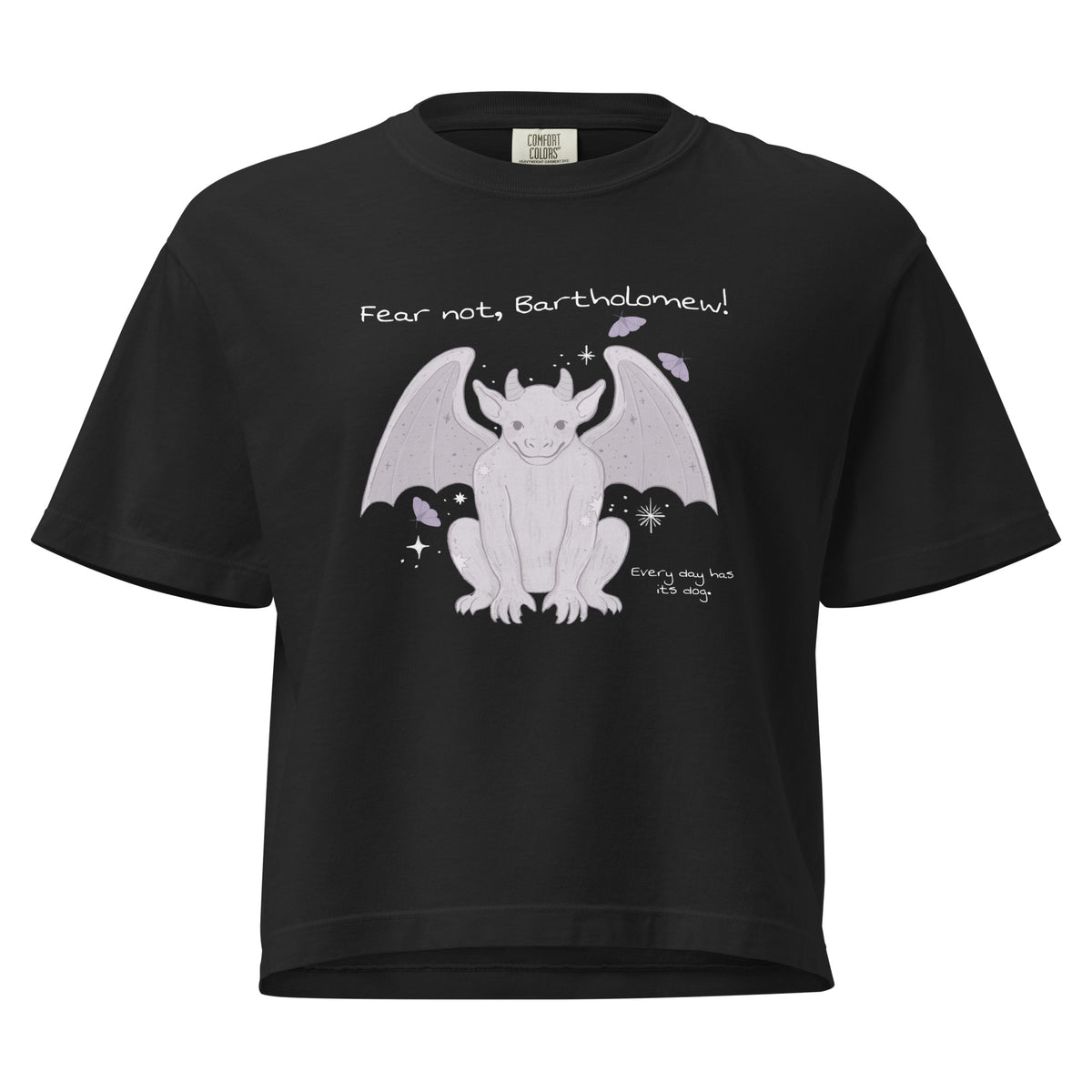 Fear Not Bartholomew Boxy Tee - The Bean Workshop - Bartholomew Winged Creature Print, Boxy Tee, Casual Bookish Fashion, Cute Character Illustration, Fandom Boxy T-Shirt, Fear Not Bartholomew Boxy Tee Shepherd King Fan, Gift for Fantasy Readers, Lavender Grey Design, Oversized Bookish T-Shirt for Fantasy Readers, Oversized Fandom Tee, Rachel Gillig, The Knight and the Moth, Whimsical Fantasy Aesthetic