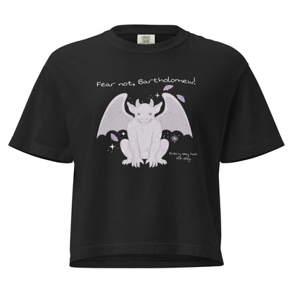 Fear Not Bartholomew Boxy Tee - The Bean Workshop - Bartholomew Winged Creature Print, Boxy Tee, Casual Bookish Fashion, Cute Character Illustration, Fandom Boxy T-Shirt, Fear Not Bartholomew Boxy Tee Shepherd King Fan, Gift for Fantasy Readers, Lavender Grey Design, Oversized Bookish T-Shirt for Fantasy Readers, Oversized Fandom Tee, Rachel Gillig, The Knight and the Moth, Whimsical Fantasy Aesthetic