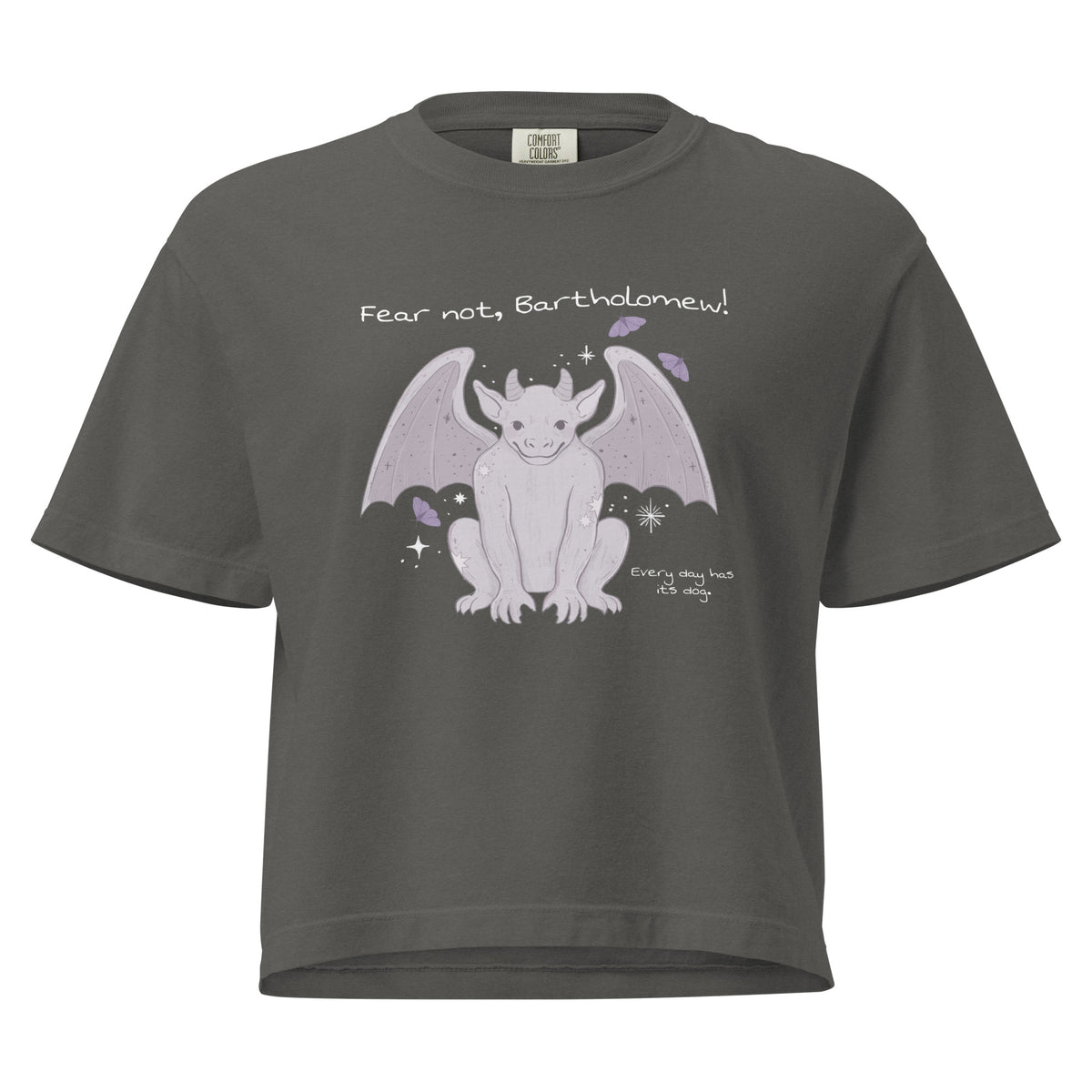 Fear Not Bartholomew Boxy Tee - The Bean Workshop - Bartholomew Winged Creature Print, Boxy Tee, Casual Bookish Fashion, Cute Character Illustration, Fandom Boxy T-Shirt, Fear Not Bartholomew Boxy Tee Shepherd King Fan, Gift for Fantasy Readers, Lavender Grey Design, Oversized Bookish T-Shirt for Fantasy Readers, Oversized Fandom Tee, Rachel Gillig, The Knight and the Moth, Whimsical Fantasy Aesthetic