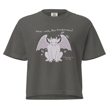 Fear Not Bartholomew Boxy Tee - The Bean Workshop - Bartholomew Winged Creature Print, Boxy Tee, Casual Bookish Fashion, Cute Character Illustration, Fandom Boxy T-Shirt, Fear Not Bartholomew Boxy Tee Shepherd King Fan, Gift for Fantasy Readers, Lavender Grey Design, Oversized Bookish T-Shirt for Fantasy Readers, Oversized Fandom Tee, Rachel Gillig, The Knight and the Moth, Whimsical Fantasy Aesthetic