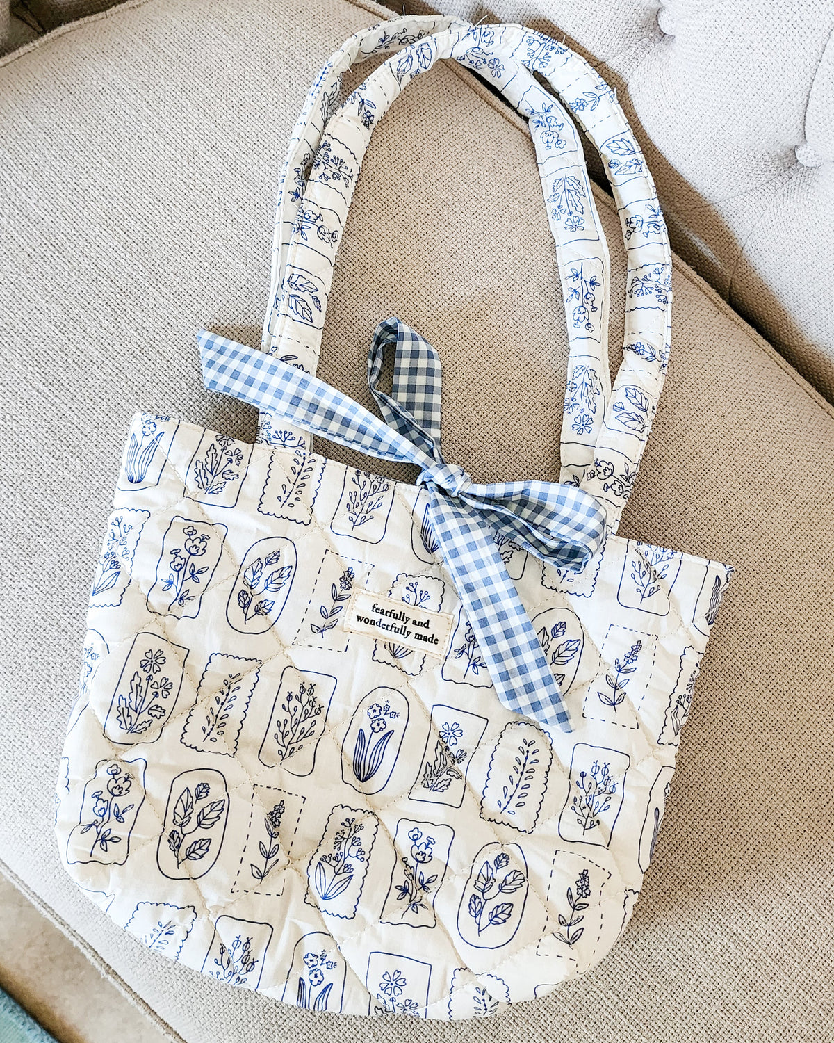 Fearfully and Wonderfully Made Cotton Quilted Tote Bag - The Bean Workshop - bible cover, bible tote, book sleeve, Christian Gifts, christian tote bag, Christian Women, Church Bag, Cotton Quilted Tote, Faith Inspired, faith tote, fearfully and wonderfully made, gift for women, Handmade, large tote bag, psalm 139, psalm bag, quilted tote, Ready to ship, Reversible Bag, Study Bible