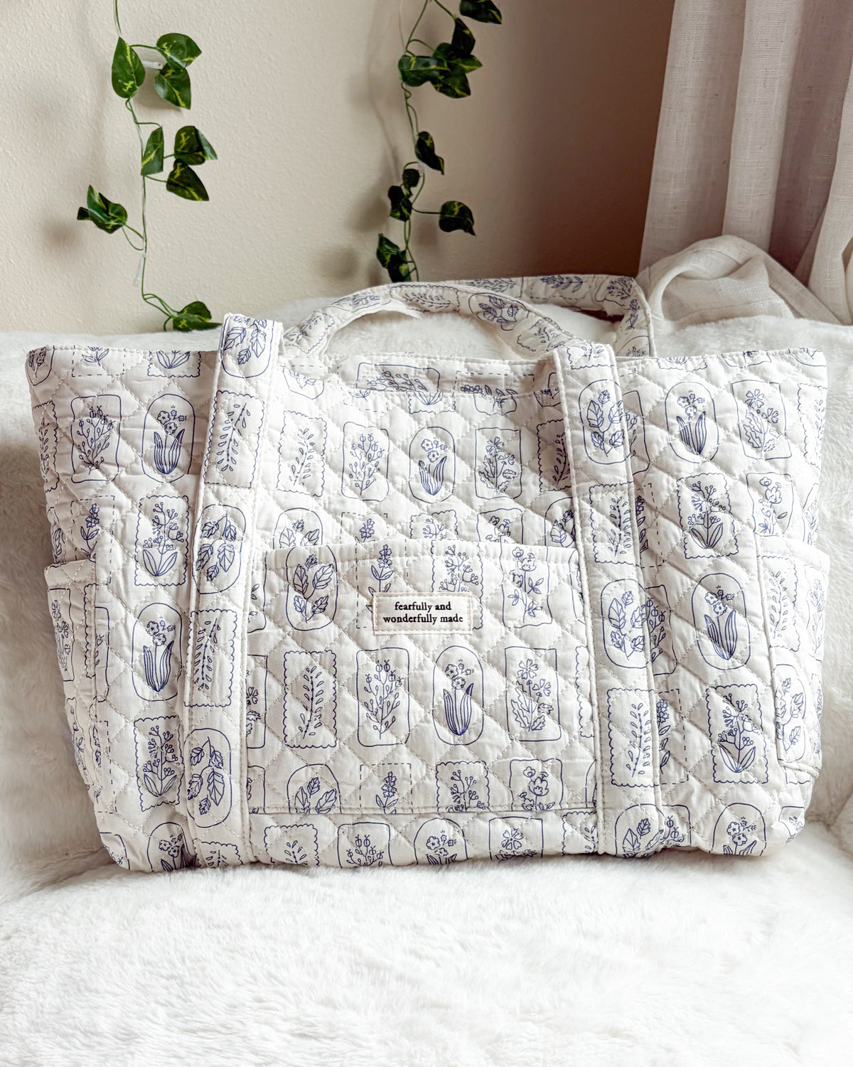 Fearfully and Wonderfully Made Cotton Quilted Tote Bag - The Bean Workshop - bible cover, bible tote, book sleeve, Christian Gifts, christian tote bag, Christian Women, Church Bag, Cotton Quilted Tote, Faith Inspired, faith tote, fearfully and wonderfully made, gift for women, Handmade, large tote bag, psalm 139, psalm bag, quilted tote, Ready to ship, Reversible Bag, Study Bible