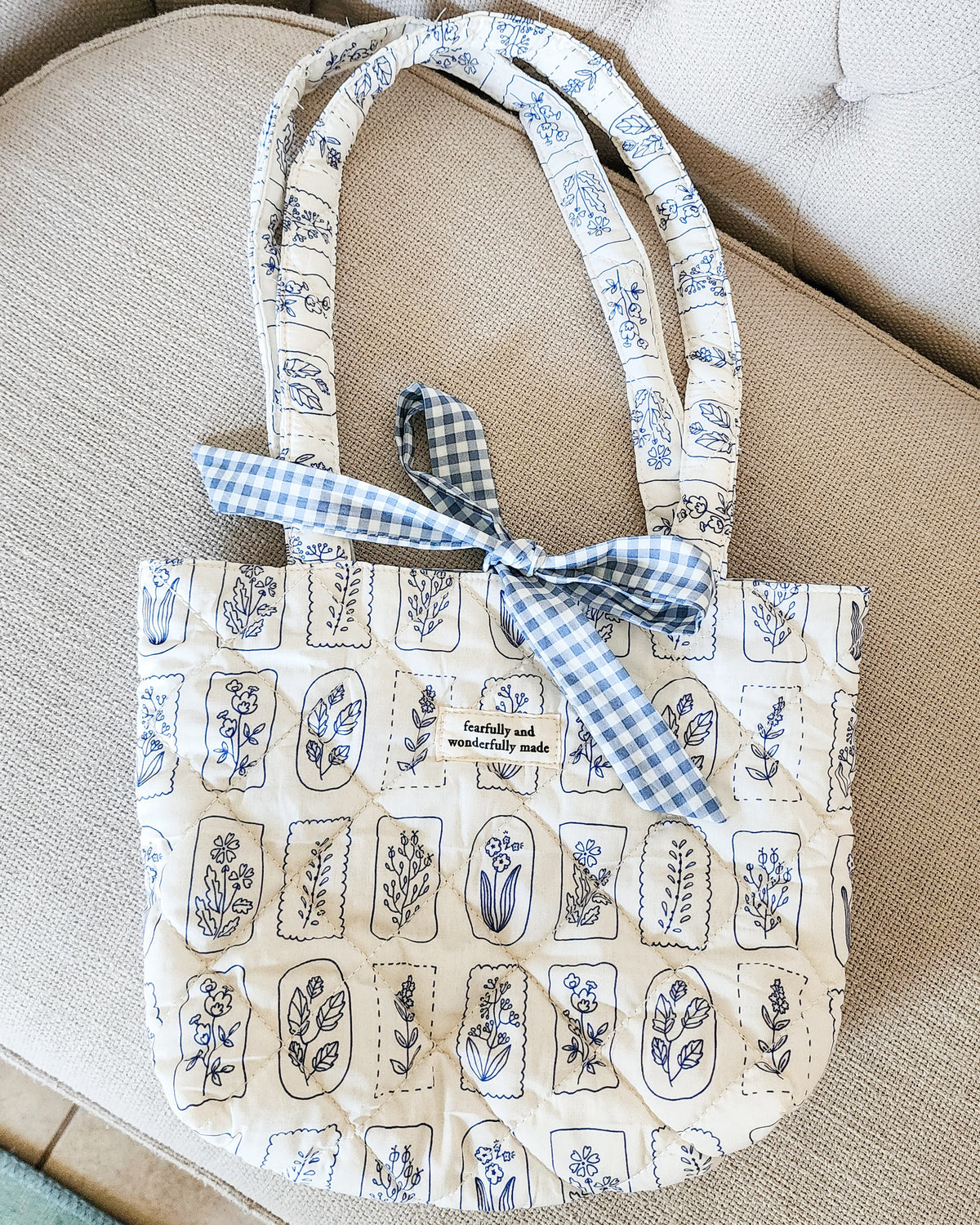 Fearfully and Wonderfully Made Cotton Quilted Tote Bag - The Bean Workshop - bible cover, bible tote, book sleeve, Christian Gifts, christian tote bag, Christian Women, Church Bag, Cotton Quilted Tote, Faith Inspired, faith tote, fearfully and wonderfully made, gift for women, Handmade, large tote bag, psalm 139, psalm bag, quilted tote, Ready to ship, Reversible Bag, Study Bible