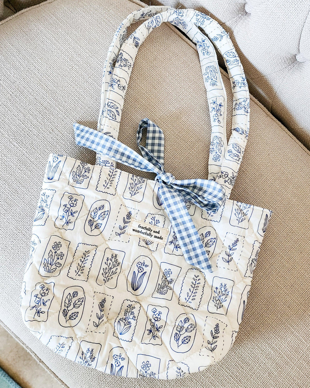 Fearfully and Wonderfully Made Cotton Quilted Tote Bag - The Bean Workshop - bible cover, bible tote, book sleeve, Christian Gifts, christian tote bag, Christian Women, Church Bag, Cotton Quilted Tote, Faith Inspired, faith tote, fearfully and wonderfully made, gift for women, Handmade, large tote bag, psalm 139, psalm bag, quilted tote, Ready to ship, Reversible Bag, Study Bible
