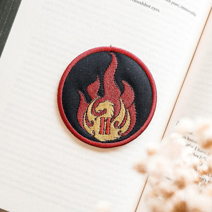 Flame Section Embroidered Patch - The Bean Workshop - Bookish Fandom Collectible Gift, Crimson Gold Dragon Fire Embroidery, Dark Fantasy Aesthetic, Dragon Coil Flame Illustration, Dragon Rider Fandom Iron-On Patch Fantasy Book Lover, embroidered, Embroidered Patch, Empyrean Fandom, Fandom Badge Style, Flame Section Embroidered Patch Empyrean Series Fan Gift, fourth wing, Jacket Bag Customization Accessory, Navarre Basgiath Quadrant Patch, patch, rebecca yarros