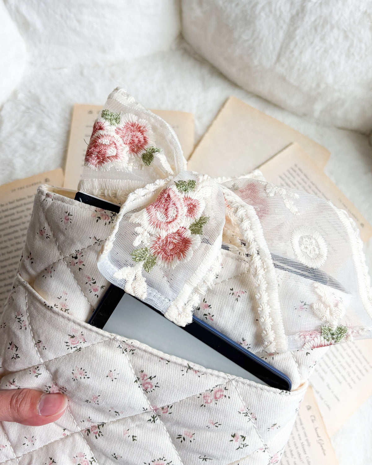 Floral Cotton Book Sleeve with Lace Ribbon Bow Knot - The Bean Workshop - book cover, book lover gift, book sleeve, hardcover sleeve, kindle sleeve, reading accessories