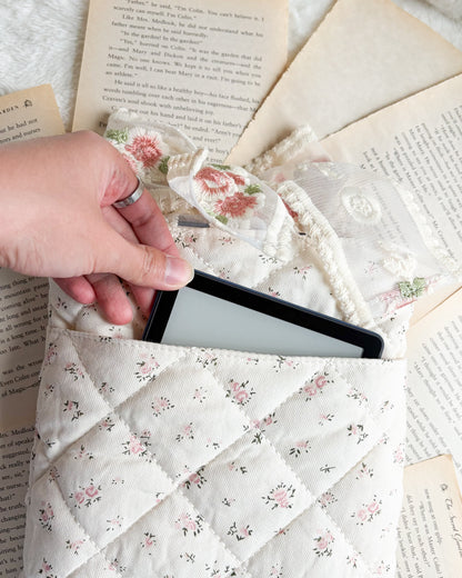 Floral Cotton Book Sleeve with Lace Ribbon Bow Knot - The Bean Workshop - book cover, book lover gift, book sleeve, hardcover sleeve, kindle sleeve, reading accessories