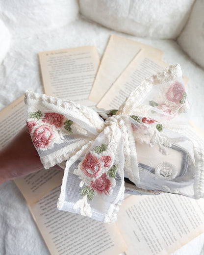 Floral Cotton Book Sleeve with Lace Ribbon Bow Knot - The Bean Workshop - book cover, book lover gift, book sleeve, hardcover sleeve, kindle sleeve, reading accessories