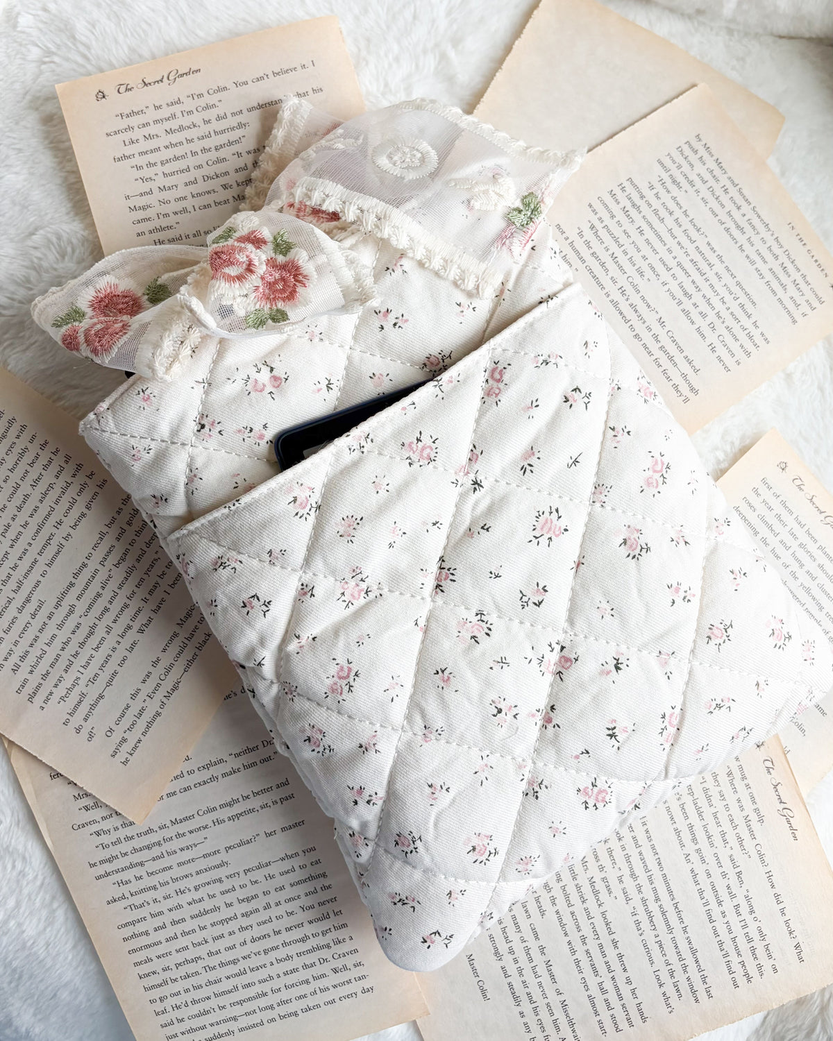 Floral Cotton Book Sleeve with Lace Ribbon Bow Knot - The Bean Workshop - book cover, book lover gift, book sleeve, hardcover sleeve, kindle sleeve, reading accessories