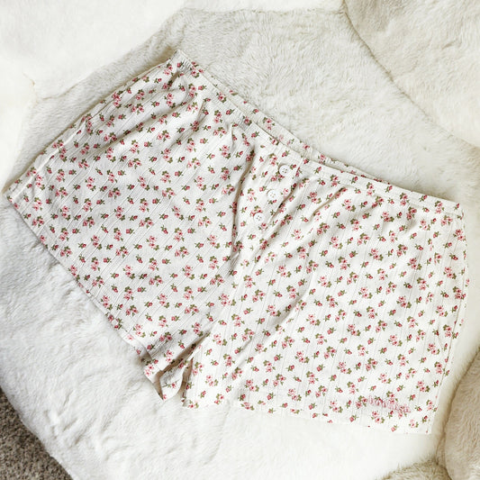 Floral Embroidered Bookish Shorts — Women's Cotton Lounge Shorts - The Bean Workshop - bookish, bookish gifts, bookish loungewear, cottagecore apparel, cotton lounge shorts, floral embroidered shorts, Loungewear, shorts