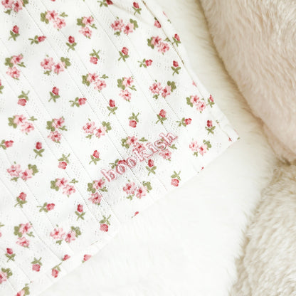 Floral Embroidered Bookish Shorts — Women's Cotton Lounge Shorts - The Bean Workshop - bookish, bookish gifts, bookish loungewear, cottagecore apparel, cotton lounge shorts, floral embroidered shorts, Loungewear, shorts