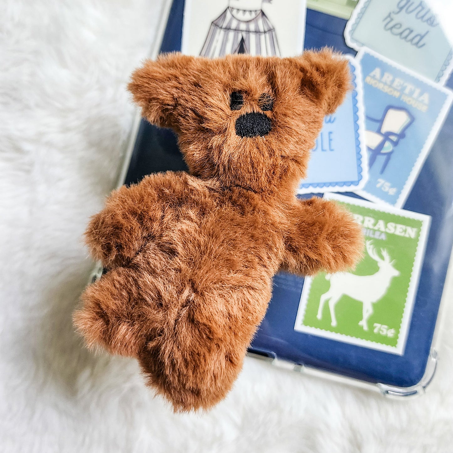 Fluffy Bear Plush Foldable Adhesive Kindle Grip - The Bean Workshop - kindle grip, reading accessories