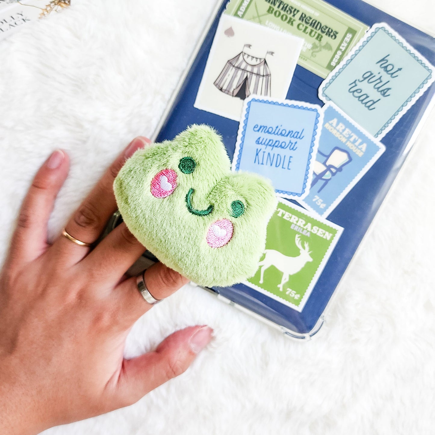 Fluffy Frog Plush Foldable Adhesive Kindle Grip - The Bean Workshop - kindle grip, reading accessories