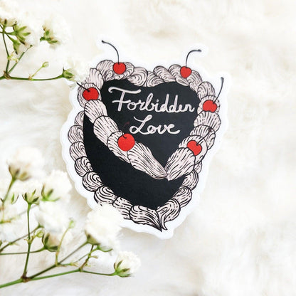 Forbidden Love Book Trope Retro Cake Sticker - The Bean Workshop - book lover gift, book trope, book trope sticker, Bookish Accessories, Bookish Gift, bookish sticker, dark academia sticker, dark romance, die cut sticker, forbidden love, kindle sticker, reading sticker, retro cake sticker, romance reader, sticker