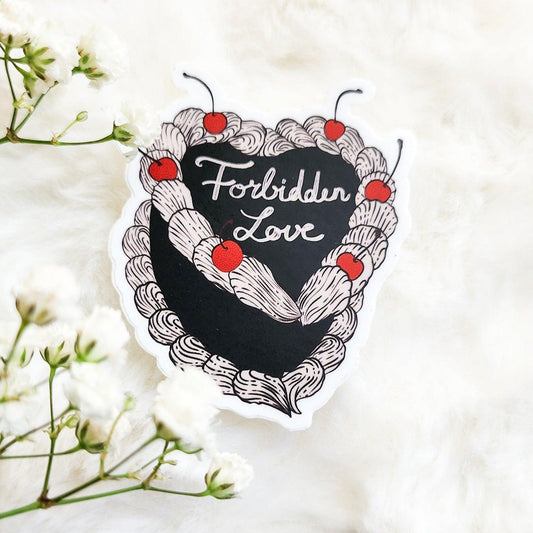 Forbidden Love Book Trope Retro Cake Sticker - The Bean Workshop - book lover gift, book trope, book trope sticker, Bookish Accessories, Bookish Gift, bookish sticker, dark academia sticker, dark romance, die cut sticker, forbidden love, kindle sticker, reading sticker, retro cake sticker, romance reader, sticker