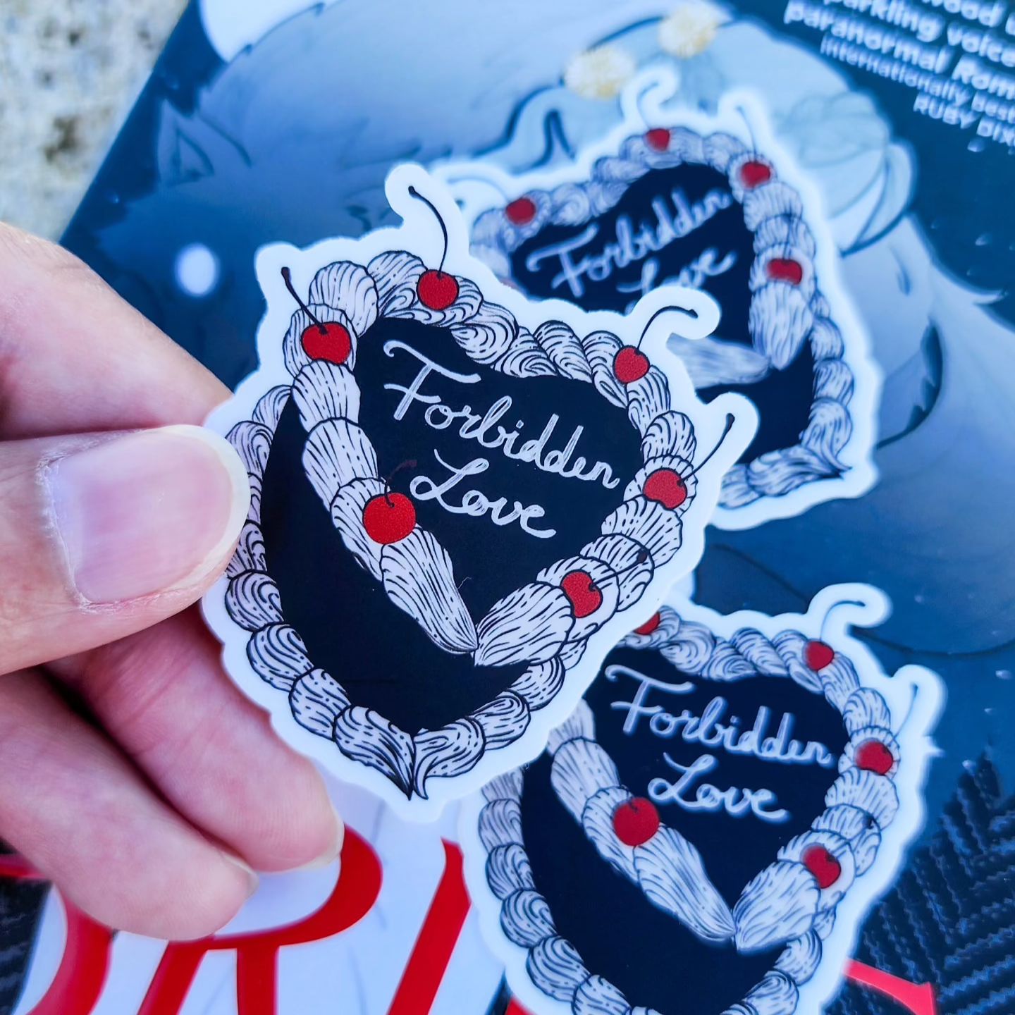 Forbidden Love Book Trope Retro Cake Sticker - The Bean Workshop - book lover gift, book trope, book trope sticker, Bookish Accessories, Bookish Gift, bookish sticker, dark academia sticker, dark romance, die cut sticker, forbidden love, kindle sticker, reading sticker, retro cake sticker, romance reader, sticker