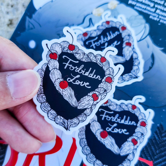 Forbidden Love Book Trope Retro Cake Sticker - The Bean Workshop - book lover gift, book trope, book trope sticker, Bookish Accessories, Bookish Gift, bookish sticker, dark academia sticker, dark romance, die cut sticker, forbidden love, kindle sticker, reading sticker, retro cake sticker, romance reader, sticker