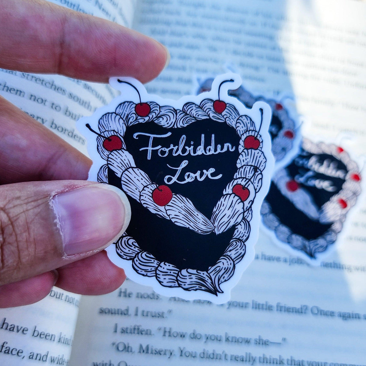 Forbidden Love Book Trope Retro Cake Sticker - The Bean Workshop - book lover gift, book trope, book trope sticker, Bookish Accessories, Bookish Gift, bookish sticker, dark academia sticker, dark romance, die cut sticker, forbidden love, kindle sticker, reading sticker, retro cake sticker, romance reader, sticker