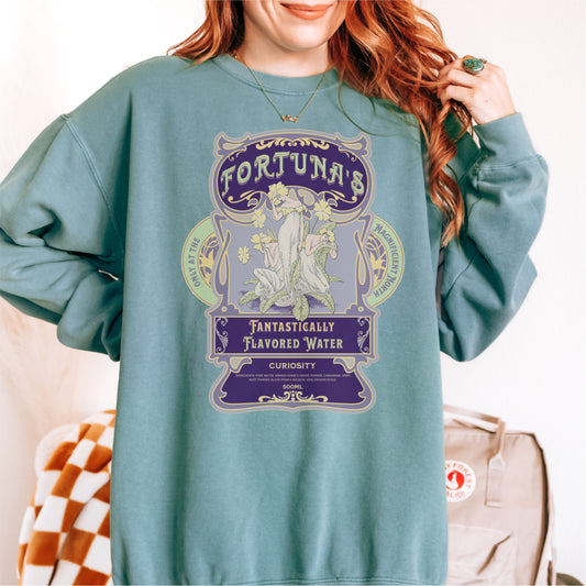 Green bookish sweatshirt with 'Fortuna's Fantastically Flavored Water' vintage-style design