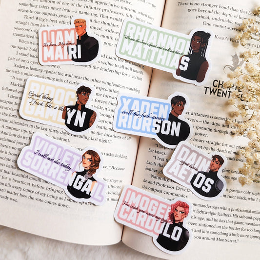 Fourth Wing Character Arts and Quotes Sticker Bundle of 7 - The Bean Workshop - Basgiath, book lover gift, Bookish Gift, bookish sticker, die cut sticker, Empyrean series, fantasy romance sticker, fourth wing, Fourth Wing Merch, Fourth Wing sticker, Iron Flame, rebecca yarros, sticker, sticker bundle, violet sorrengail, xaden riorson