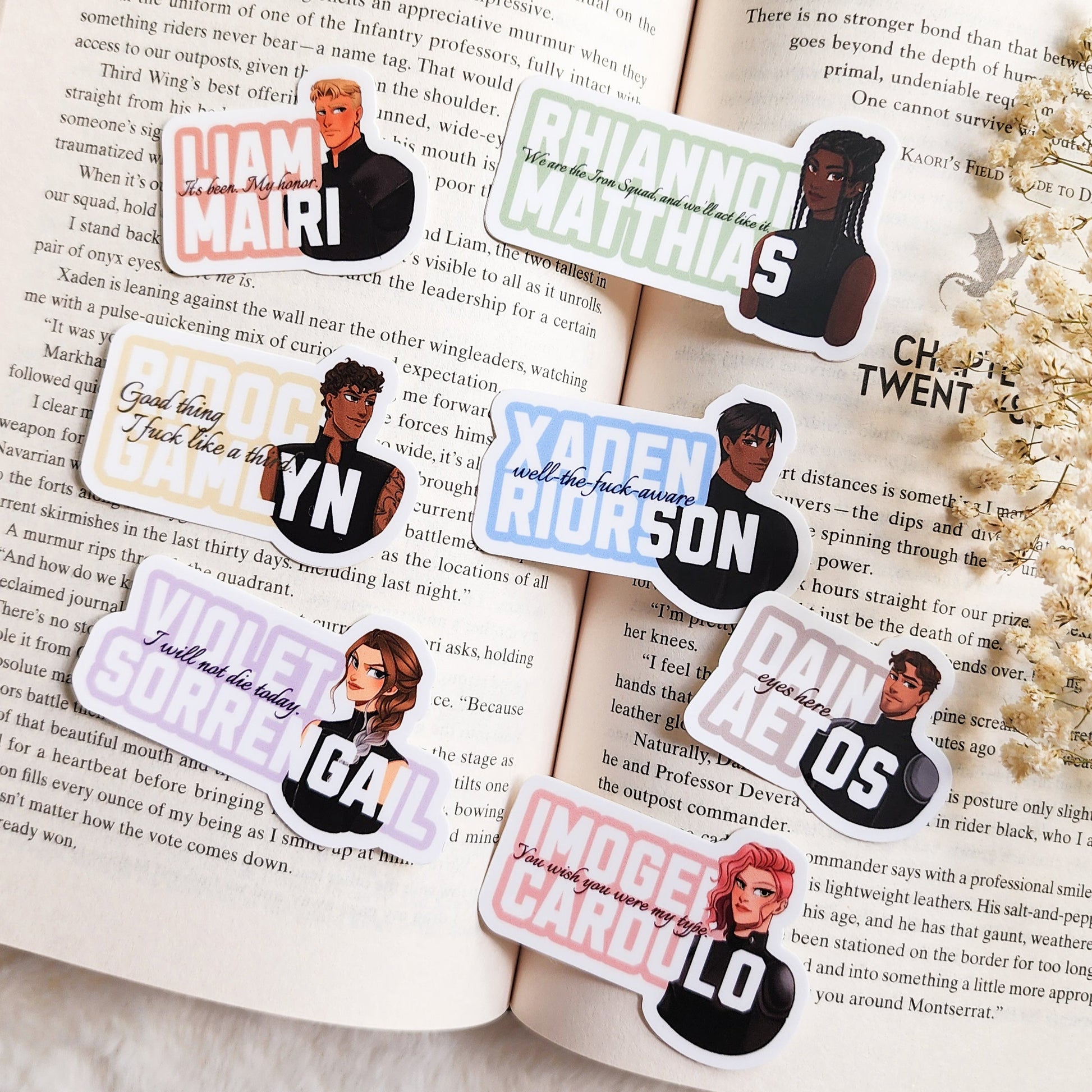 Fourth Wing Character Arts and Quotes Sticker Bundle of 7 - The Bean Workshop - fourth wing, Fourth Wing Merch, rebecca yarros, sticker, violet sorrengail, xaden riorson