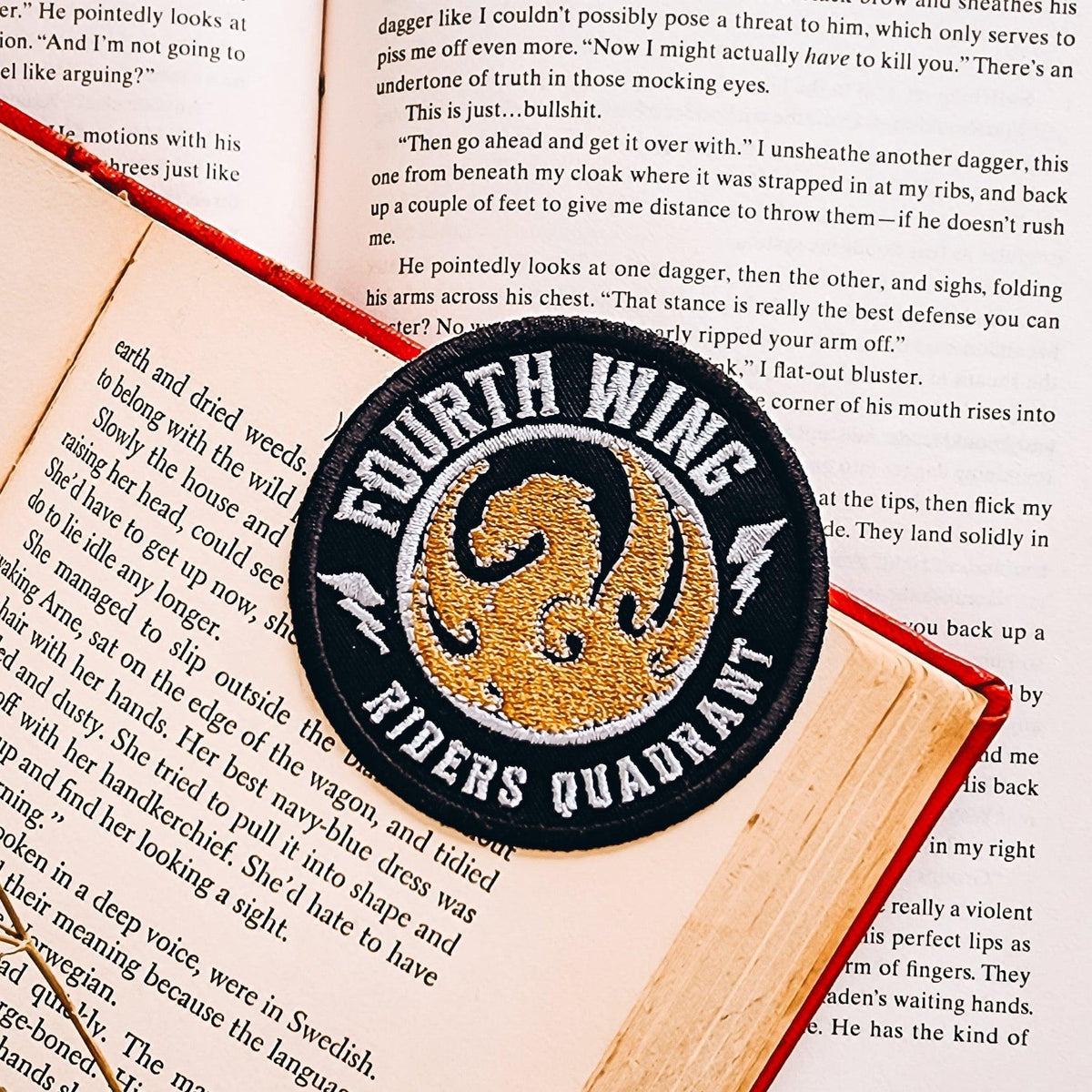 Fourth Wing Embroidered Patch - The Bean Workshop - Black Gold Silver Dragon Seal Embroidery, Bookish Fandom Collectible, Coiled Dragon Lightning Illustration, Dark Academia Aesthetic, Dragon Rider Fandom Iron-On Circular Patch Fantasy Book Lover, embroidered, Embroidered Patch, Fandom Collegiate Badge Style, fourth wing, Fourth Wing Fandom, Fourth Wing Riders Quadrant Embroidered Patch Empyrean Fan Gift, Jacket Backpack Customization Accessory, Navarre Riders Quadrant Patch, patch, rebecca yarros