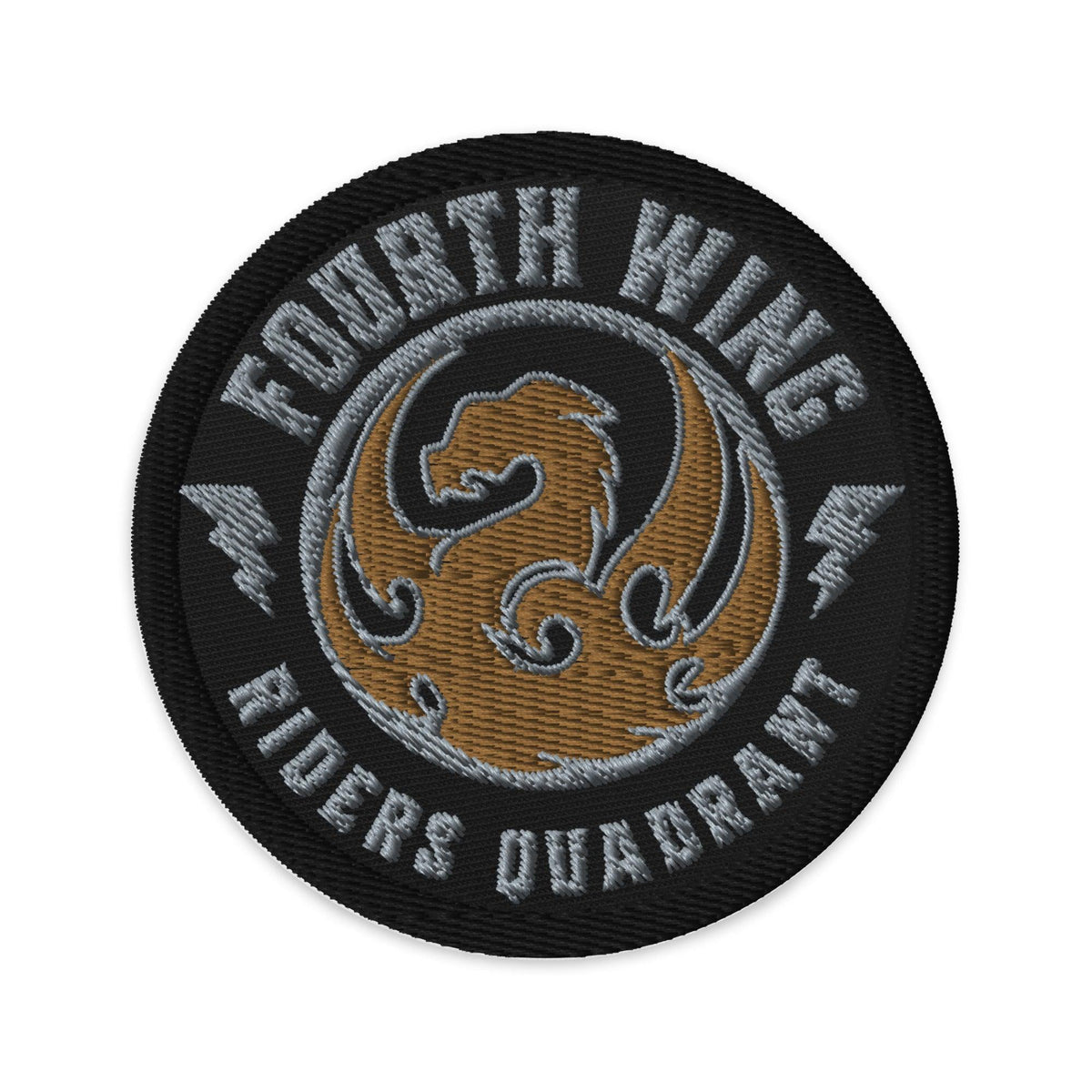 Fourth Wing Embroidered Patch - The Bean Workshop - Black Gold Silver Dragon Seal Embroidery, Bookish Fandom Collectible, Coiled Dragon Lightning Illustration, Dark Academia Aesthetic, Dragon Rider Fandom Iron-On Circular Patch Fantasy Book Lover, embroidered, Embroidered Patch, Fandom Collegiate Badge Style, fourth wing, Fourth Wing Fandom, Fourth Wing Riders Quadrant Embroidered Patch Empyrean Fan Gift, Jacket Backpack Customization Accessory, Navarre Riders Quadrant Patch, patch, rebecca yarros