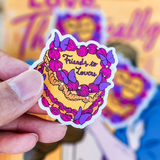 Friends to Lovers Book Trope Retro Cake Sticker - The Bean Workshop - book lover gift, book trope, book trope sticker, Bookish Accessories, Bookish Gift, bookish sticker, butterfly sticker, die cut sticker, friends to lovers, kindle sticker, reading sticker, retro cake sticker, romance reader, slow burn, sticker