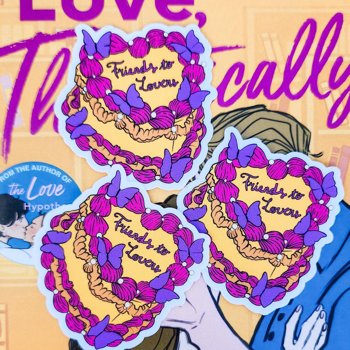 Friends to Lovers Book Trope Retro Cake Sticker - The Bean Workshop - book lover gift, book trope, book trope sticker, Bookish Accessories, Bookish Gift, bookish sticker, butterfly sticker, die cut sticker, friends to lovers, kindle sticker, reading sticker, retro cake sticker, romance reader, slow burn, sticker
