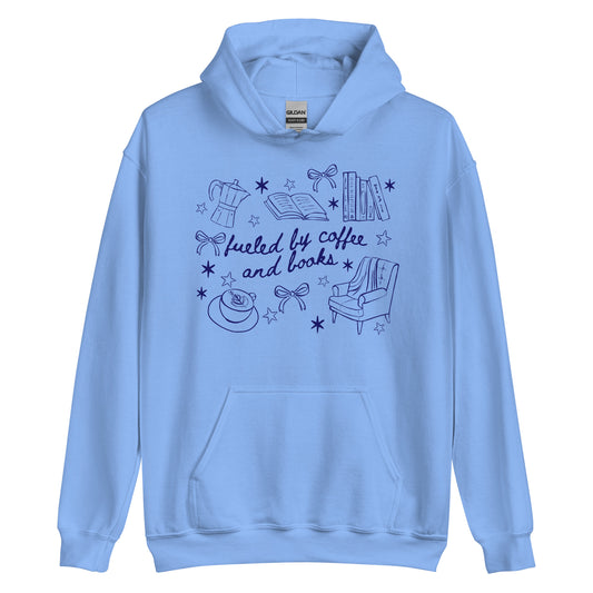 Fueled by Coffee and Books Hoodie - The Bean Workshop - Bookaholic, Bookish Apparel, Bookish Humor, coquette, Funny Book Lover Gift for Valentine's Day, Funny Quote, Gift for Readers, girlie, Graphic Tee, Reading Shirt