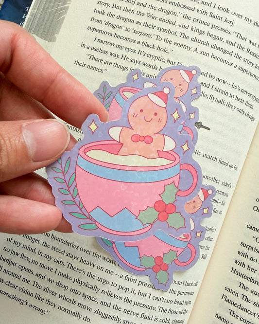 Gingerbread Man In A Cup Holographic Sticker - The Bean Workshop - book lover gift, Bookish Christmas, bookish gift, bookish sticker, Bookworm Christmas, christmas, Christmas Gift, Christmas sticker, Cozy Christmas, die cut sticker, gingerbread sticker, holiday sticker, holographic sticker, reader gift, Secret Santa gift, sticker, vinyl sticker