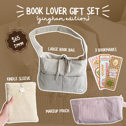 Gingham Book Lover Gift Set: Book Bag, Pouch & Kindle Sleeve