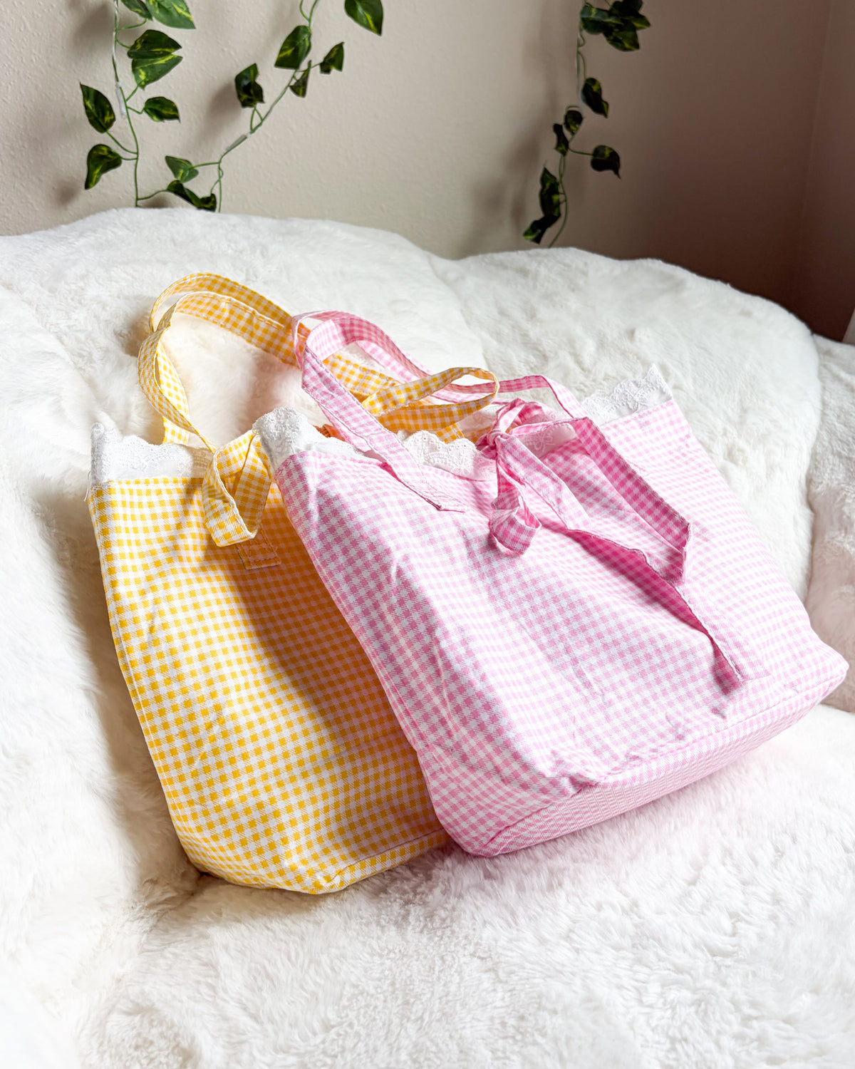 Gingham Reader Tote Bag with Lace Details and Bow Knot - The Bean Workshop - Bible bag, book lover gift, book tote, bookish gift, Christian gift, church bag, cottagecore, gift for her, gingham, lace, reader gift, tote bag