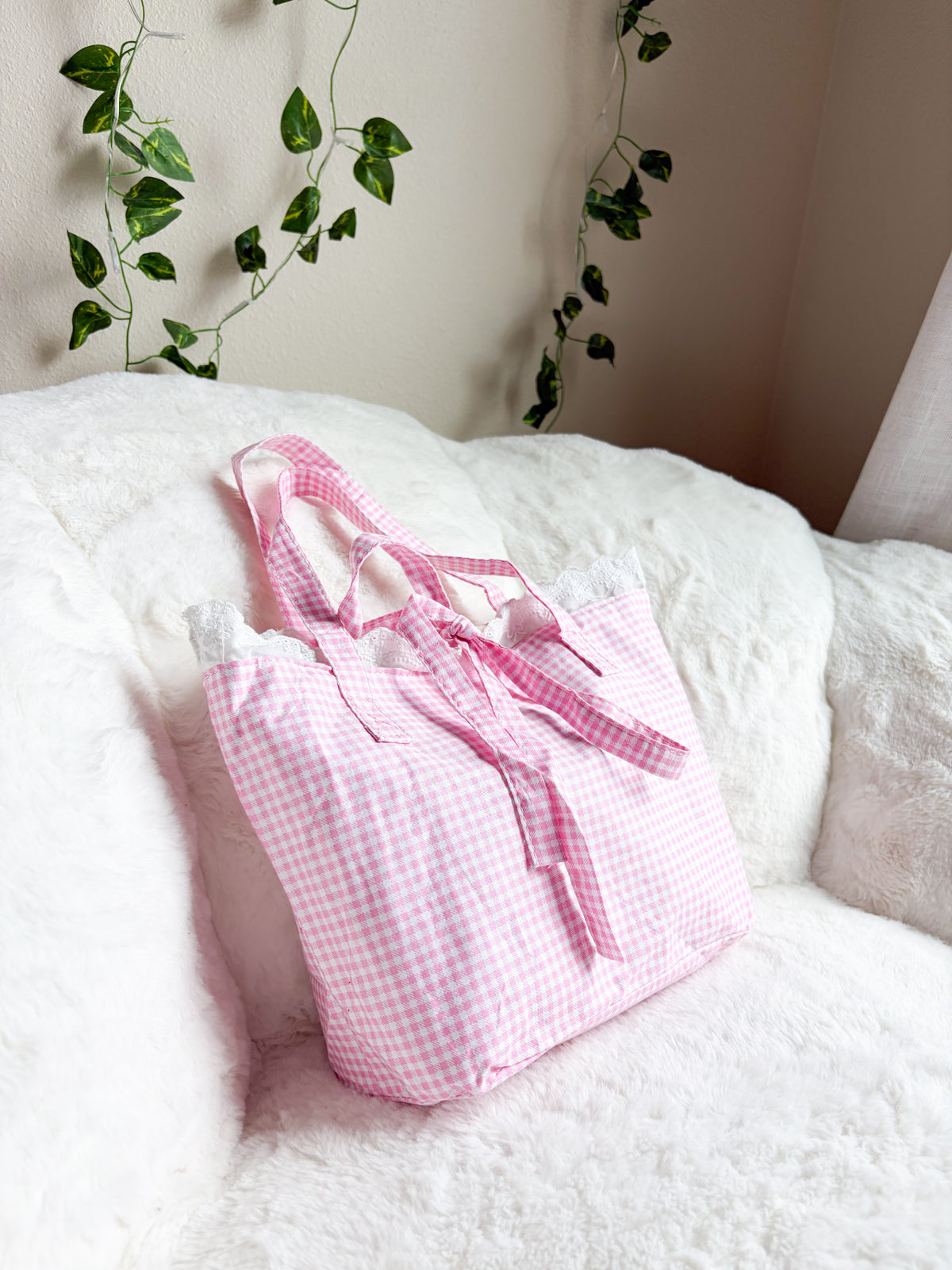 Gingham Reader Tote Bag with Lace Details and Bow Knot - The Bean Workshop - Bible bag, book lover gift, book tote, bookish gift, Christian gift, church bag, cottagecore, gift for her, gingham, lace, reader gift, tote bag