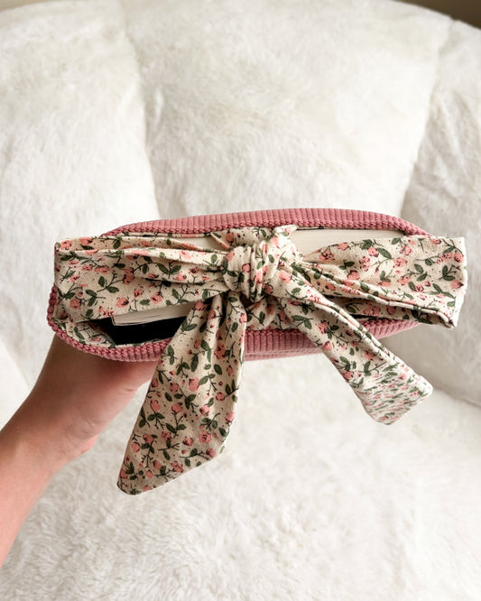 Girl Read Your Book Embroidered Corduroy Book Sleeve with Bow Knot - The Bean Workshop - book cover, book girlie, book sleeve, bookish, coquette, corduroy book sleeve, embroidered book sleeve, gift for book lovers, kindle sleeve