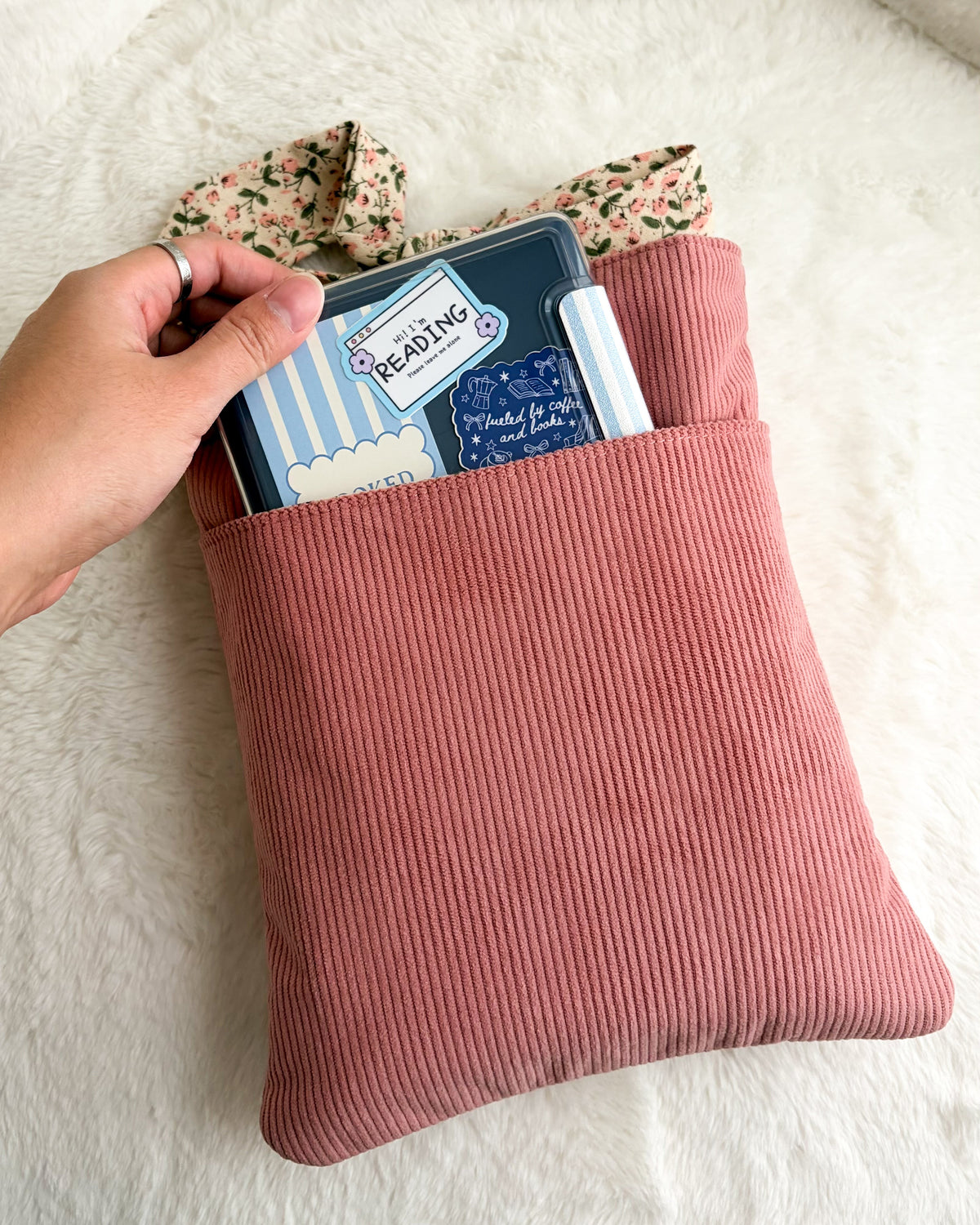 Girl Read Your Book Embroidered Corduroy Book Sleeve with Bow Knot - The Bean Workshop - book cover, book girlie, book sleeve, bookish, coquette, corduroy book sleeve, embroidered book sleeve, gift for book lovers, kindle sleeve