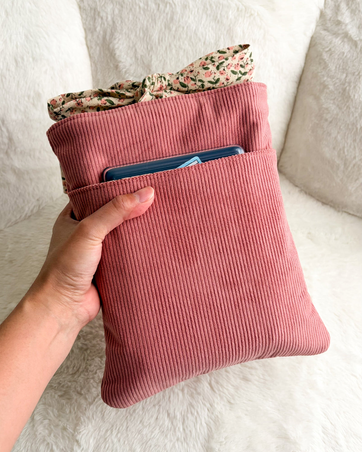 Girl Read Your Book Embroidered Corduroy Book Sleeve with Bow Knot - The Bean Workshop - book cover, book girlie, book sleeve, bookish, coquette, corduroy book sleeve, embroidered book sleeve, gift for book lovers, kindle sleeve