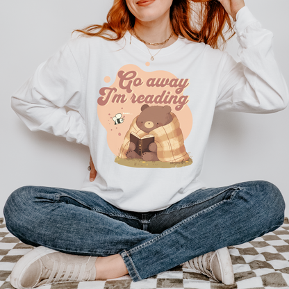 Go Away I'm Reading Heavyweight Long Sleeve Shirt - The Bean Workshop - Autumn Vibes, Bookish Apparel, Bumble Bee., Cozycore, fall, Fall Layering, Funny Bookworm Autumn Shirt, Go Away I'm Reading, Graphic Long Sleeve, Introvert Reader Graphic Top, Long Sleeve Tee, Loungewear, Reading Bear, Sassy Quote