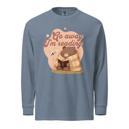 Go Away I'm Reading Heavyweight Long Sleeve Shirt - The Bean Workshop - Autumn Vibes, Bookish Apparel, Bumble Bee., Cozycore, fall, Fall Layering, Funny Bookworm Autumn Shirt, Go Away I'm Reading, Graphic Long Sleeve, Introvert Reader Graphic Top, Long Sleeve Tee, Loungewear, Reading Bear, Sassy Quote