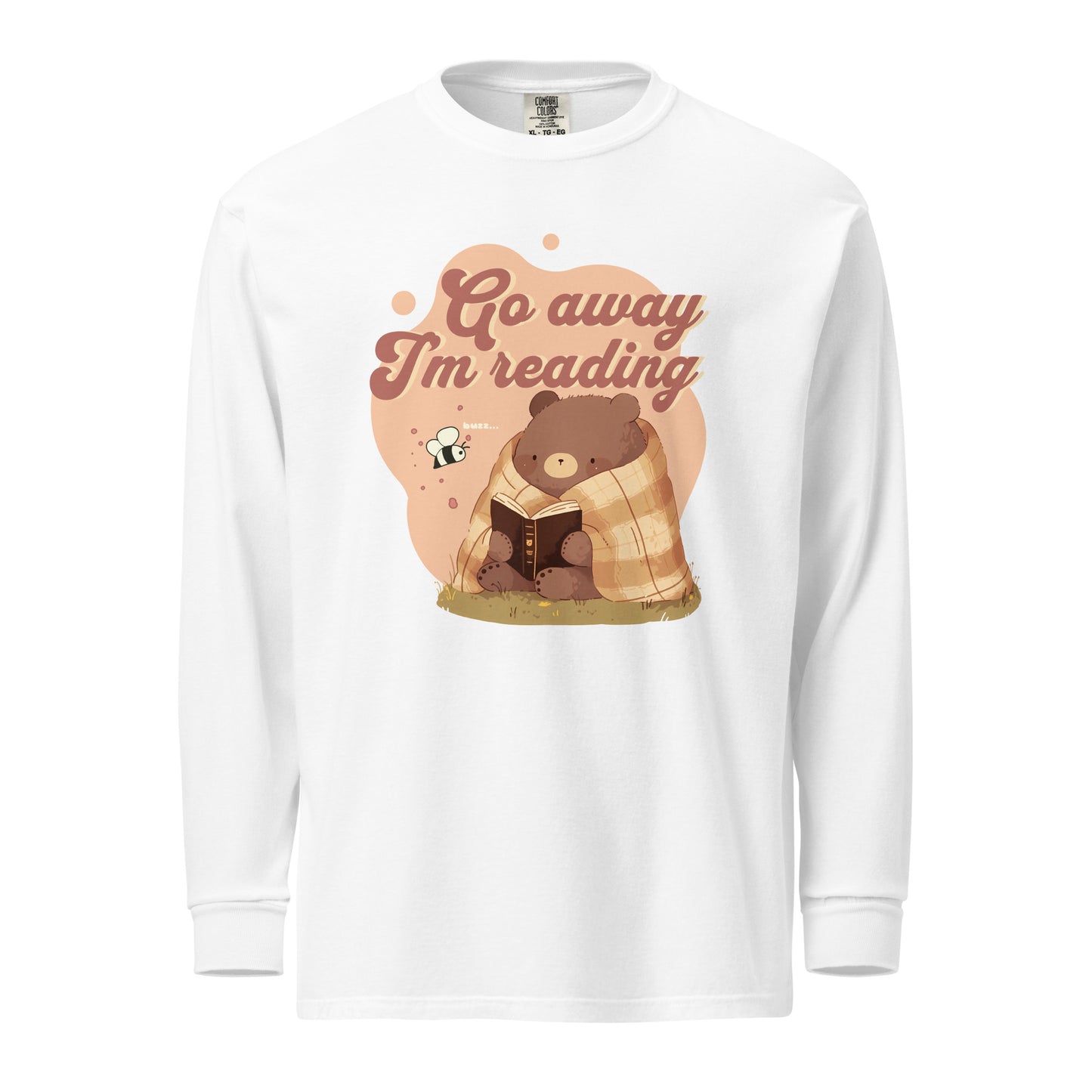 Go Away I'm Reading Heavyweight Long Sleeve Shirt - The Bean Workshop - Autumn Vibes, Bookish Apparel, Bumble Bee., Cozycore, fall, Fall Layering, Funny Bookworm Autumn Shirt, Go Away I'm Reading, Graphic Long Sleeve, Introvert Reader Graphic Top, Long Sleeve Tee, Loungewear, Reading Bear, Sassy Quote