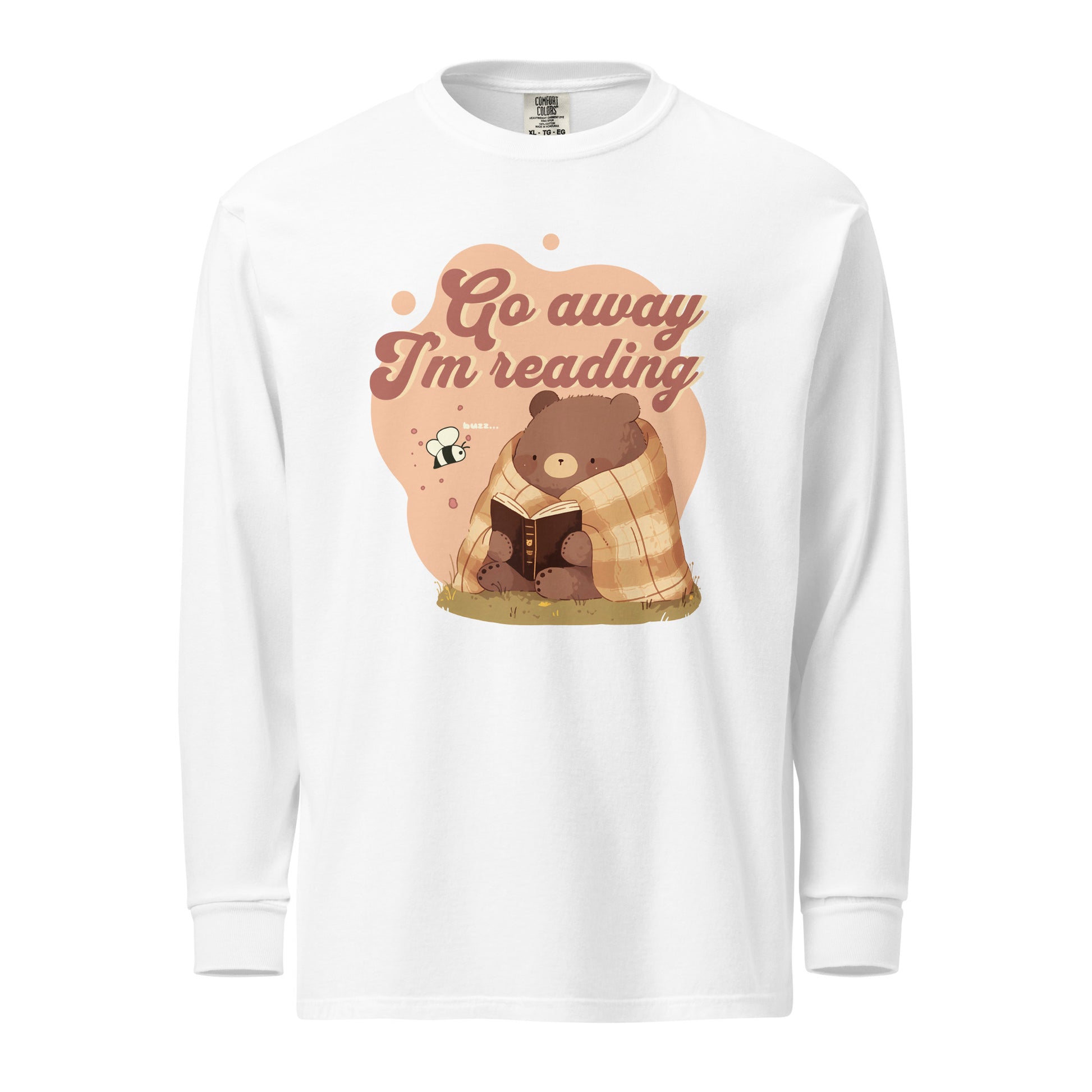 Go Away I'm Reading Heavyweight Long Sleeve Shirt - The Bean Workshop - Autumn Vibes, Bookish Apparel, Bumble Bee., Cozycore, fall, Fall Layering, Funny Bookworm Autumn Shirt, Go Away I'm Reading, Graphic Long Sleeve, Introvert Reader Graphic Top, Long Sleeve Tee, Loungewear, Reading Bear, Sassy Quote