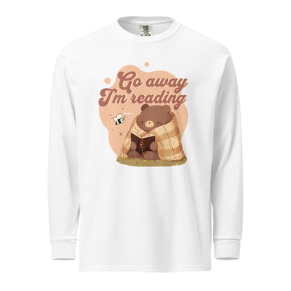 Go Away I'm Reading Heavyweight Long Sleeve Shirt - The Bean Workshop - Autumn Vibes, Bookish Apparel, Bumble Bee., Cozycore, fall, Fall Layering, Funny Bookworm Autumn Shirt, Go Away I'm Reading, Graphic Long Sleeve, Introvert Reader Graphic Top, Long Sleeve Tee, Loungewear, Reading Bear, Sassy Quote