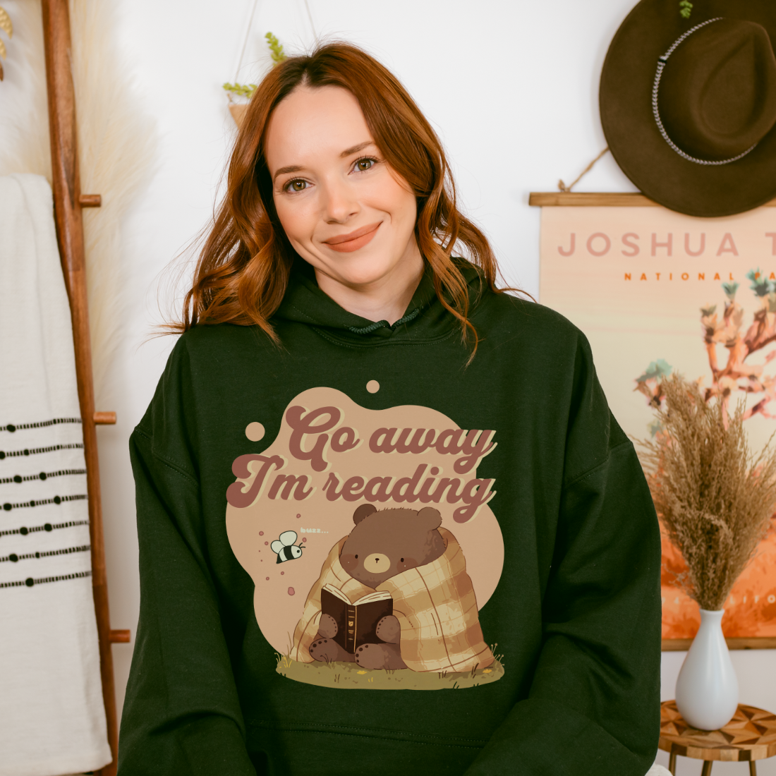 Go Away I'm Reading Hoodie - The Bean Workshop - Book Hoodie, Cozy Bear Reading Pullover, Cozycore, fall, Funny Introvert Bookworm Hoodie, Gift for Book Lover, Go Away I'm Reading Hoodie, Graphic Hoodie, Hoodie, Introvert Humor., Loungewear, Reading Bear, Retro Aesthetic, Sassy Quote