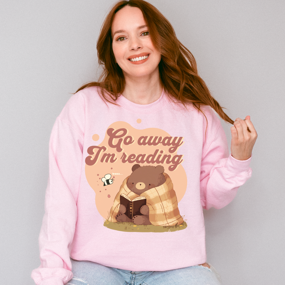 Go Away I'm Reading Sweatshirt - The Bean Workshop - Bookish Sweatshirt, Bookworm Graphic., Comfy Aesthetic, Cozy Introvert Reader Crewneck, Cozy Nights In, Crewneck Sweatshirt, fall, Funny Book Club Pullover, Funny Reading Quote, Go Away I'm Reading Sweatshirt, Hygge Style, Introvert Bear, Reading Marathon, Sweatshirt