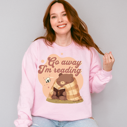 Go Away I'm Reading Sweatshirt - The Bean Workshop - Bookish Sweatshirt, Bookworm Graphic., Comfy Aesthetic, Cozy Introvert Reader Crewneck, Cozy Nights In, Crewneck Sweatshirt, fall, Funny Book Club Pullover, Funny Reading Quote, Go Away I'm Reading Sweatshirt, Hygge Style, Introvert Bear, Reading Marathon, Sweatshirt